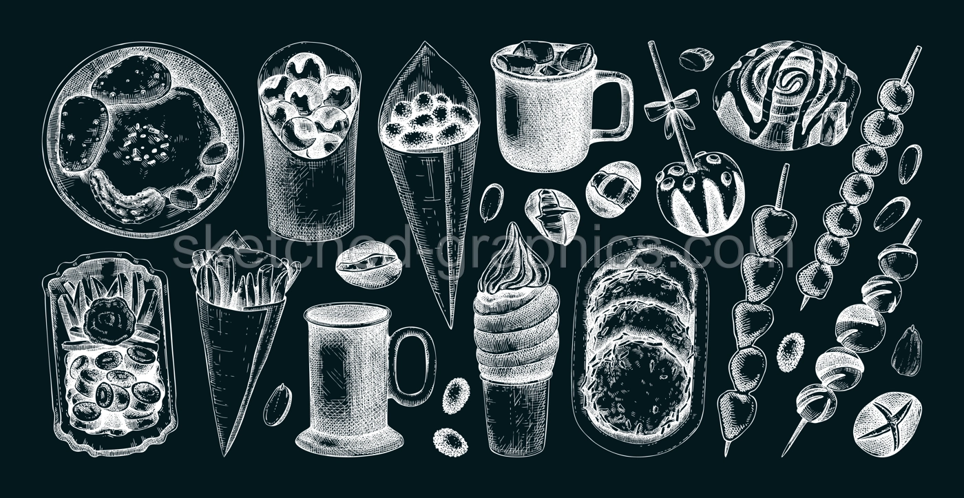 Traditional European Christmas market food sketches collection. Fast food menu design elements. Hand-drawn vector illustration on chalkboard. Bakery, pastry, sweets, grilled meat, hot drinks sketches. Illustration